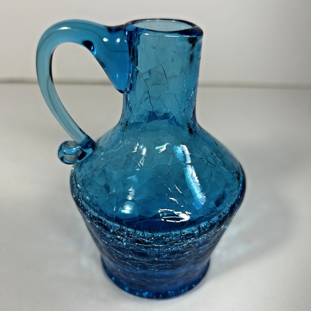 Vintage Blue Crackle Glass Mini‎ Pitcher 4" Hand Blown Applied Handle